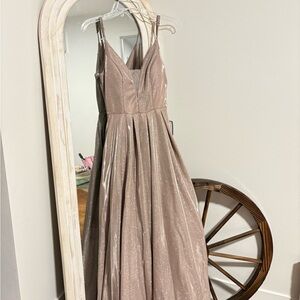 Sparkle V-Neck Full Skirt Evening Gown in Champagne